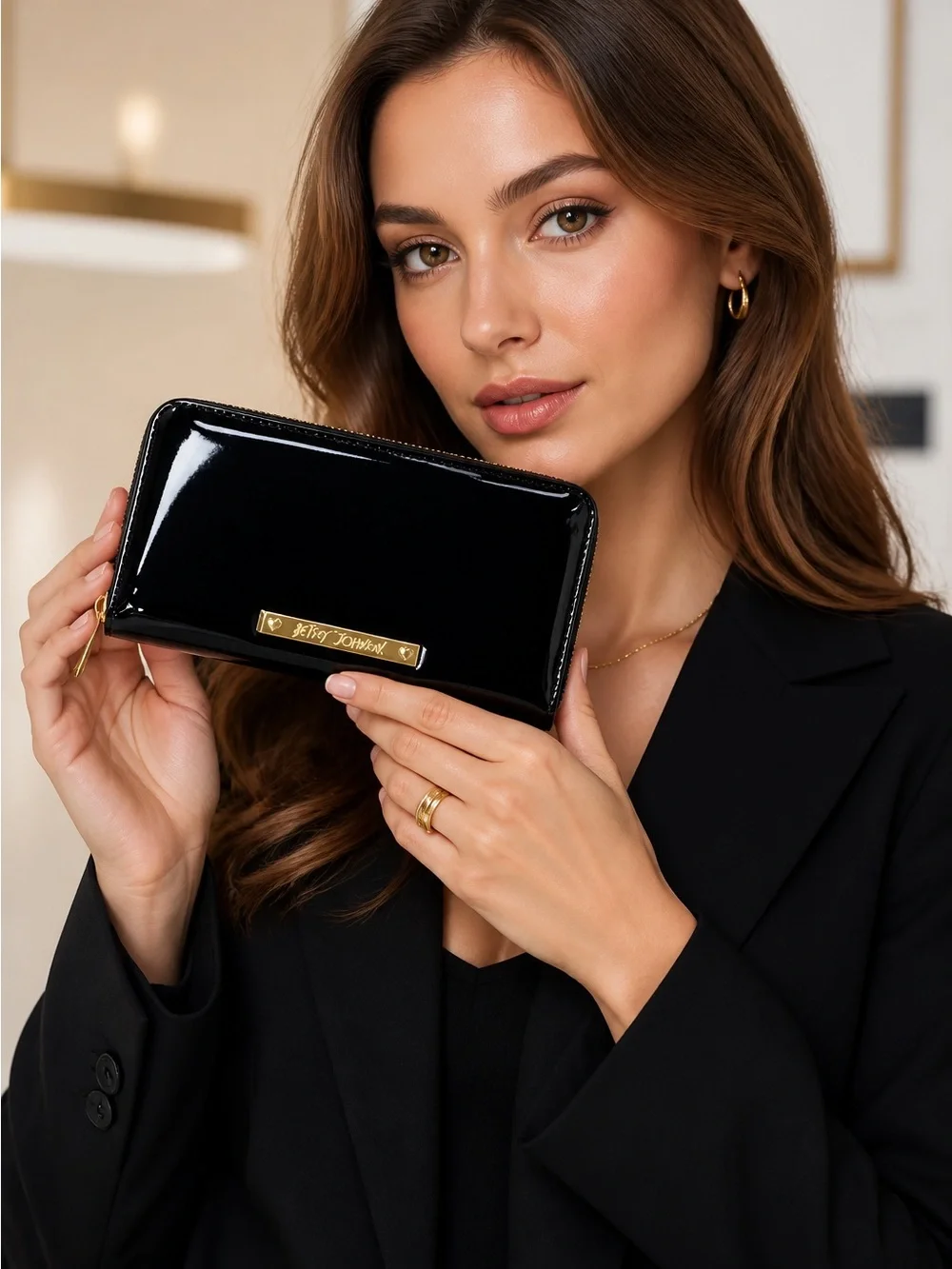 Betsey Johnson Black Patent Zip-Around Wallet with Gold Plate